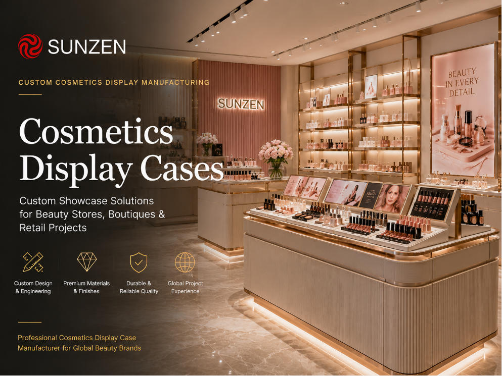 Custom cosmetics display cases manufactured by SUNZEN for beauty stores and retail projects